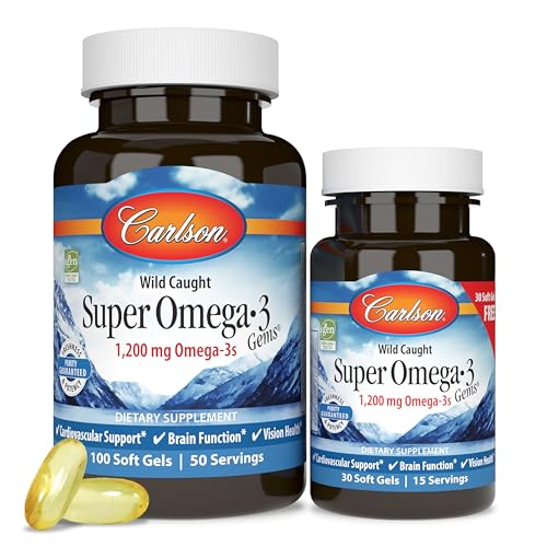 Carlson - Super Omega-3 Gems, 1200 mg Omega-3s, with EPA and DHA, Wild Caught Norwegian Fish Oil Supplement, Sustainably Sourced Fish Oil Capsules, Omega 3 Supplements